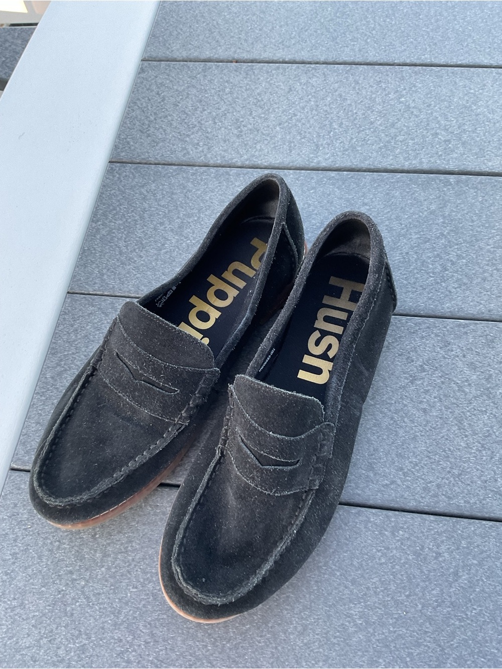 Hush Puppies Black Suede Penny Loafers with Brown Sole - Picture 4 of 5